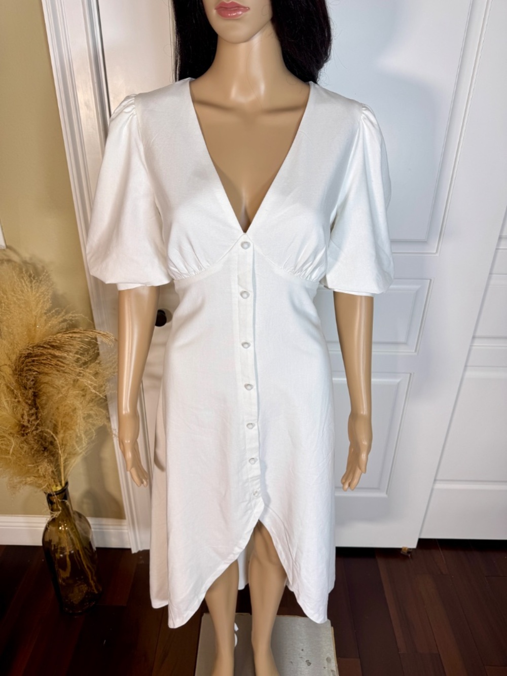 IVORY HIGH LOW PUFF SLEEVE LINEN MIDI DRESS - NWOT - Picture 7 of 15
